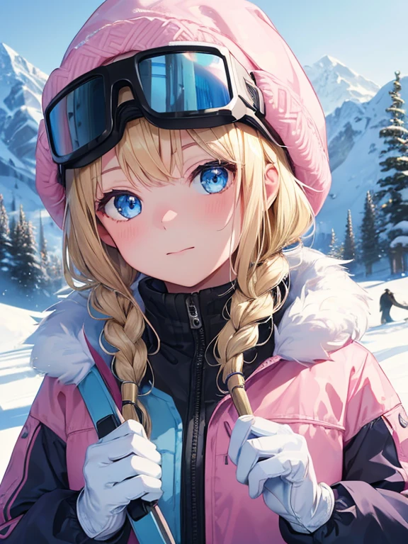 (8k, highest quality, Tabletop:1.2)、Ultra-high resolution, Detailed face, One 10-year-old girl, Blue eyes, Blonde, Braid, Woolen hat, Put on goggles, Pink Coat, White gloves, (Ski wear:1.2), Snow Mountain, it&#39;s snowing, Snow around, Ski boots, Skis