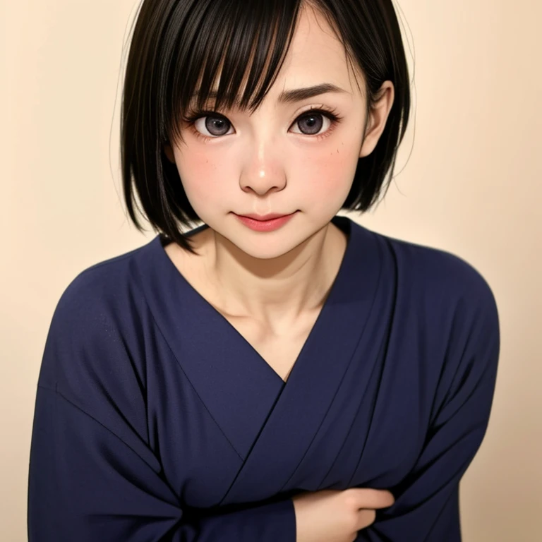 (kawaii 24 year-old Japanese girl, Nogizaka idol, Korean idol), glossy brown hair, (very short hair:1.2), beautiful black eyes, rounded face, narrow shoulders, single eyelid, (no makeup:1.2), (embarrassed, noseblush:1.3), (yukata, Japanese traditional clothes), extra small breasts, BREAK, (simple white background:1.2), (view from forward, bust shot, id photo:1.2), BREAK, (masterpiece, best quality, photo realistic, official art:1.4), (UHD, 8K quality wallpaper, high resolution, raw photo, golden ratio:1.3), (shiny skin), professional lighting, physically based rendering, award winning, (highly detailed skin texture, extremely detailed face and eyes textures), Carl Zeiss 85 mm F/1.4, depth of field, (1girl, solo),