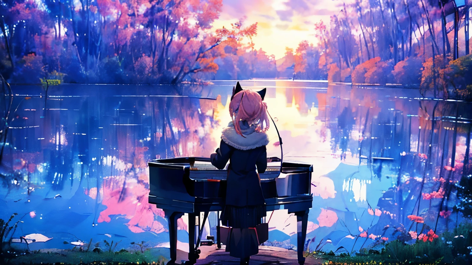 picture a scene of a girl playing the piano with stars in the sky. Anime, pink hair, cat ears. That's her charm.