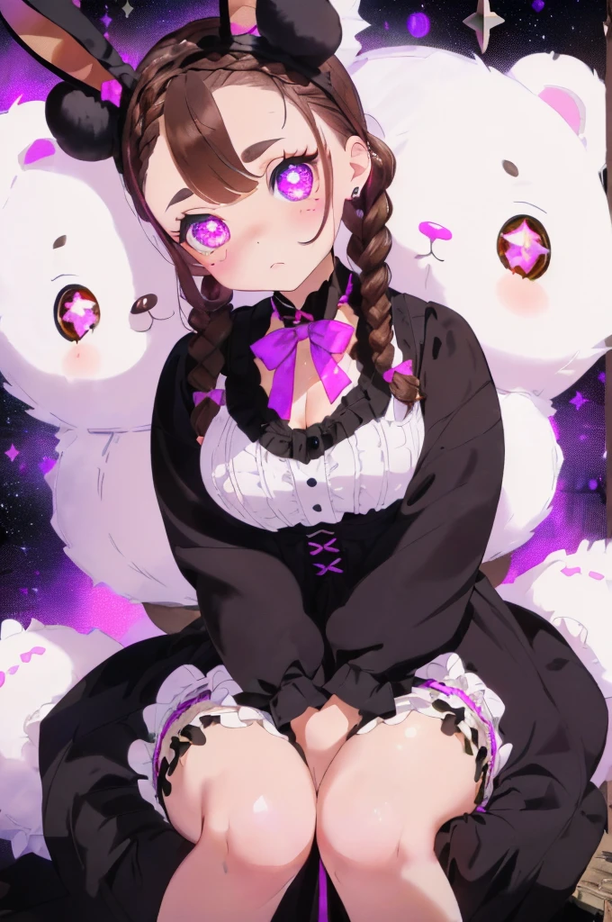 ((brown hair)),((Braided shorthair cat)),((black eyes)),minor red tide,(Gothic clothing:1.25),(Headdress:1.2),((Cute stuffed rabbits and bears are scattered around.....)),(The whole space is dyed pink, Black, purple, and white.),(big eyes:1.5),(your eyes sparkle like stars:1.2),(cute sitting position),(Sitting like a French doll),(Neck tilt:1.25),