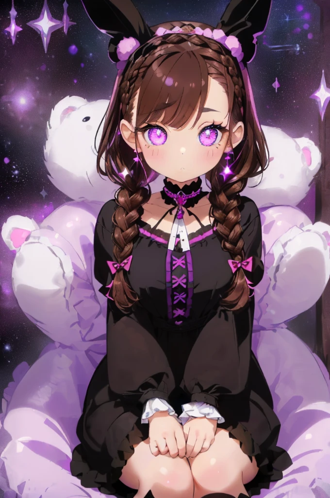 ((brown hair)),((Braided shorthair cat)),((black eyes)),minor red tide,(Gothic clothing:1.25),(Headdress:1.2),((Cute stuffed rabbits and bears are scattered around.....)),(The whole space is dyed pink, Black, purple, and white.),(big eyes:1.5),(your eyes sparkle like stars:1.2),(cute sitting position),(Sitting like a French doll),(Neck tilt:1.25),