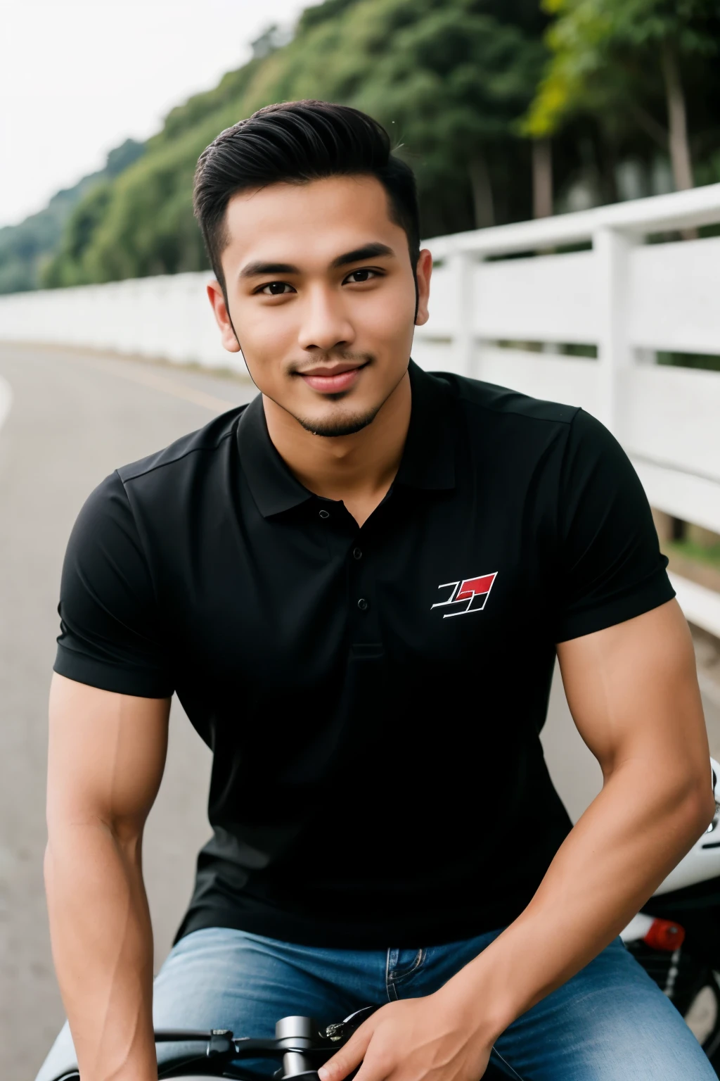 a picture of Handsome MELAYU Malaysia Men , Pose riding on SuperBike DUCATI, Have Little Bit Beard on face, wear Black plain polo shirt, gentleman Style Pose
((best quality)), ((masterpiece)), (detailed), perfect face,