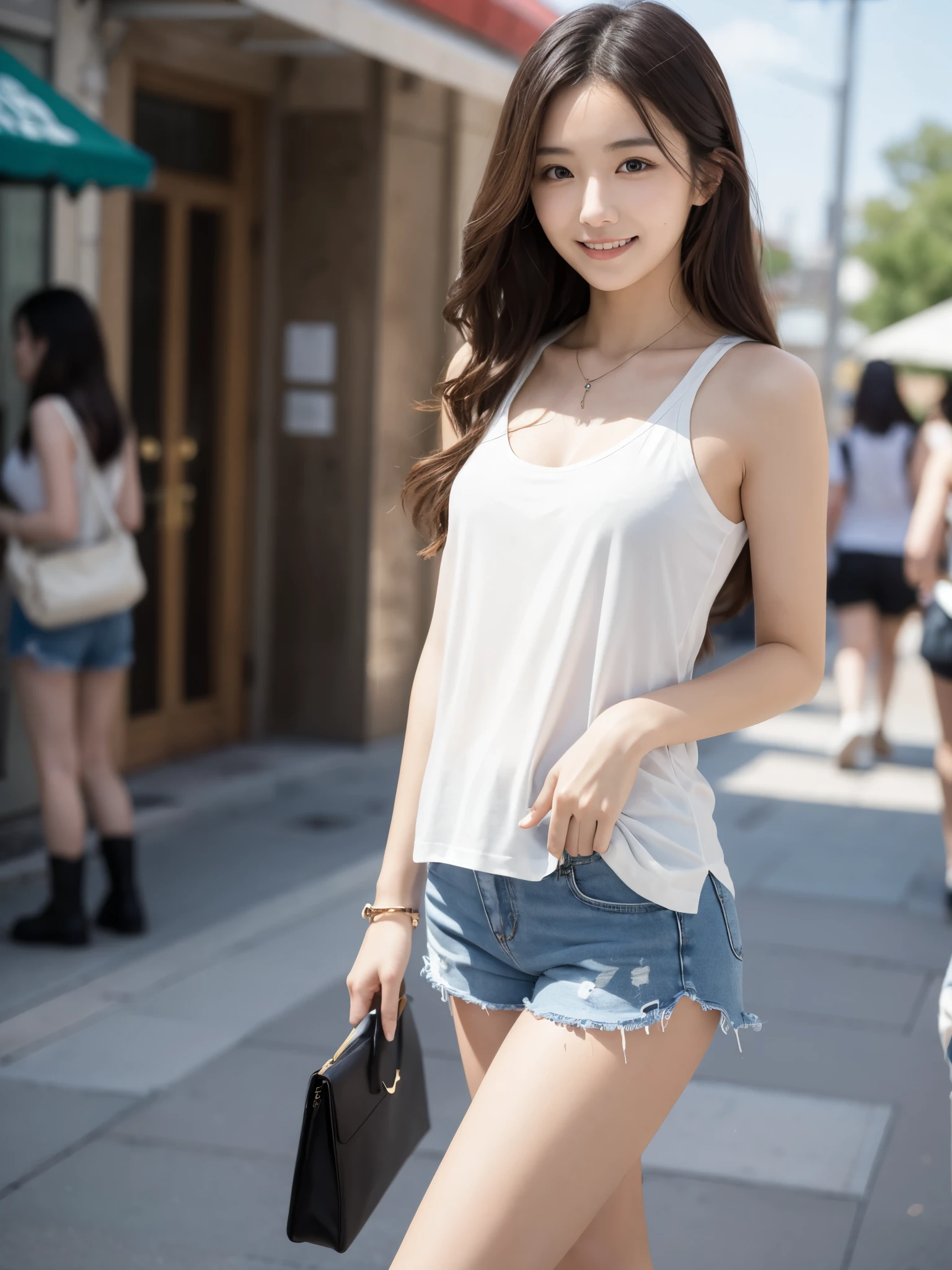 Female college student、Tank top、Shorts、Black boots、Wavy long hair、Brown moderate hair、clear、thin、slim、Long legs、thinウエスト、Beauty、looking at the camera、Walking around the city、Open chest、ccup、すらっと伸びたthin脚、Cute Smile、Summer sunshine、Emphasize the chest