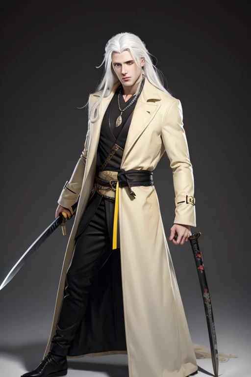 Man, white hair, long hair, yellow eyes, scars, long coat, necklace, black coat, light skin, full body, katana