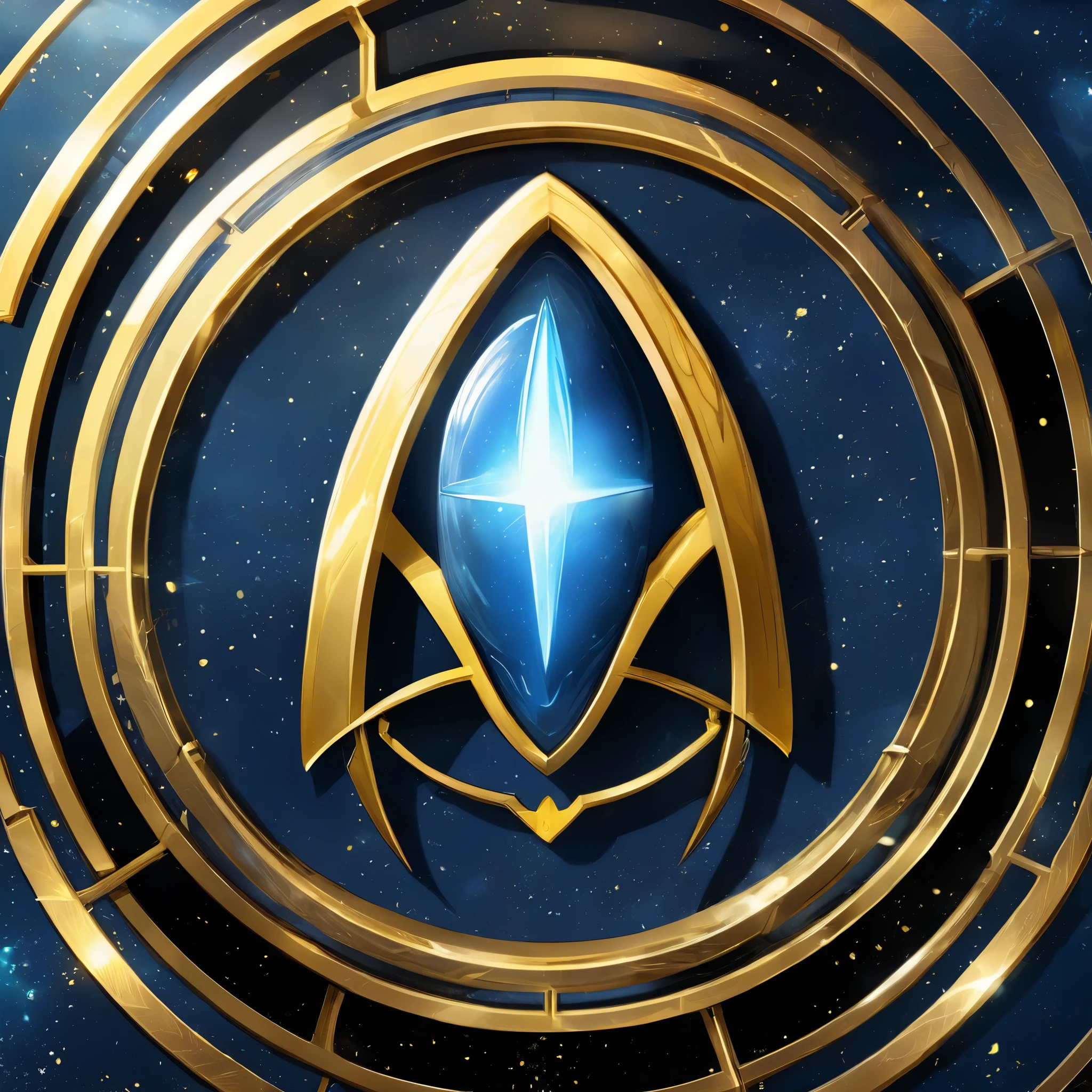 the star trek logo on a blue background, gold and black color scheme, 2 0 1 9 anime, dvd cover, angular asymmetrical design, featured in artistation, by Tim Doyle, hardcore techno, the age of discovery, atoms, golden computers, precious metal, diagnostics
