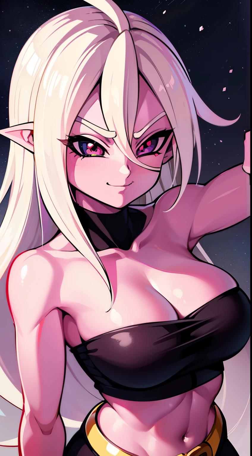 (high-quality, breathtaking),(expressive eyes, perfect face) Symmetrical Eyes, portrait, dragon ball Z inspired, 1girl, female, alien, Majin Race, FMajin, Female Majin Buu, (pink skin:1.1), bubblegum pink skin color ,smiling,(black sclera:1.2), red eyes, tentacle hair, baggypants, belt, black tube top, midriff, cleavage, bare shoulders, alien, M, shoulder holes, standing, no nose, stars, grey background, medium length hair, hair between eyes, android21 majin form inspired