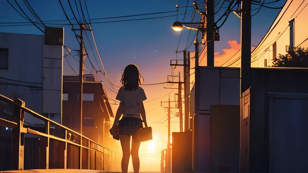 The way home illuminated by the setting sun、Standing woman in mini skirt、Anime illustration、painful