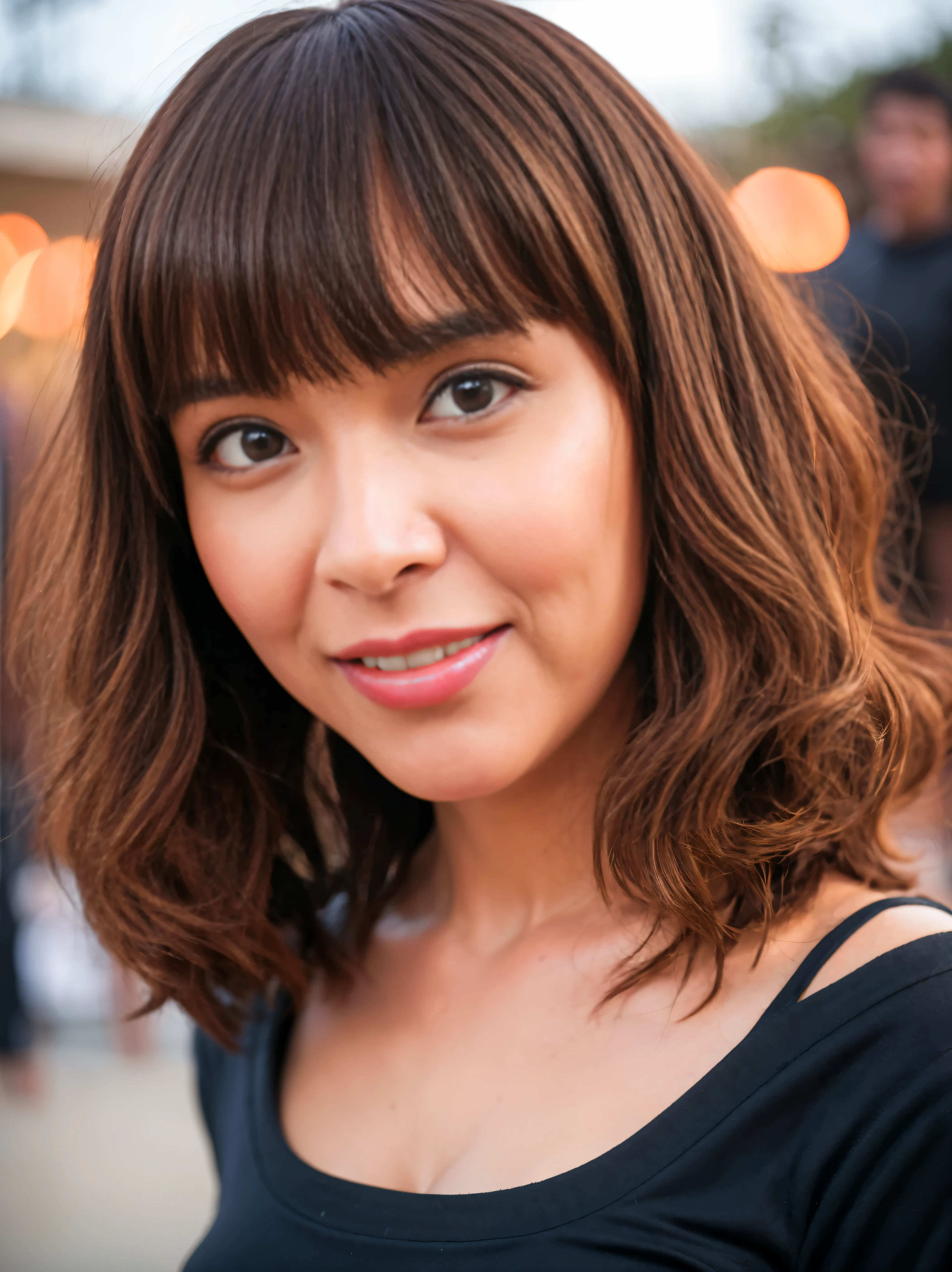 ((highest quality)), ((8k)), ((masterpiece: 1.3)), (Perfect appearance), (Photorealism: 1.6), (Walking woman), (Crowded festival venue), Japanese, woman, 36 years old, ((Realistic skin texture)), (Fine lines all over the skin: 1.3), (Dull skin: 1.1), (Moisturized Skin: 1.2) , (Facial wrinkles: 0.9), (Wrinkles around the eyes: 1.2), double eyelid, Lower eyelid tear trough, (Crying Mole: 0.9), Eyes on you, Serious look, (Dimples: 1.2), (length face: 1.4), (Round face: 1.4), bulbous nose, (Overbyte: 1.2), (Beaver-like front teeth: 1.2), The two front teeth are slightly visible, (Eyes apart: 1.4): 1.2, round and large eyes, Plump Cheeks, Round chin, Wide forehead, (Short bangs: 1.4), length, Messy Hair, length hair with curls at the ends, Laugh with the corners of your mouth turned up, Blouse made of soft fabric, Wide forehead Sleeves, Cuffs that fit snugly around the wrist, flare skirt, High heels, Small breasts, (Waist-up portrait: 1.4),