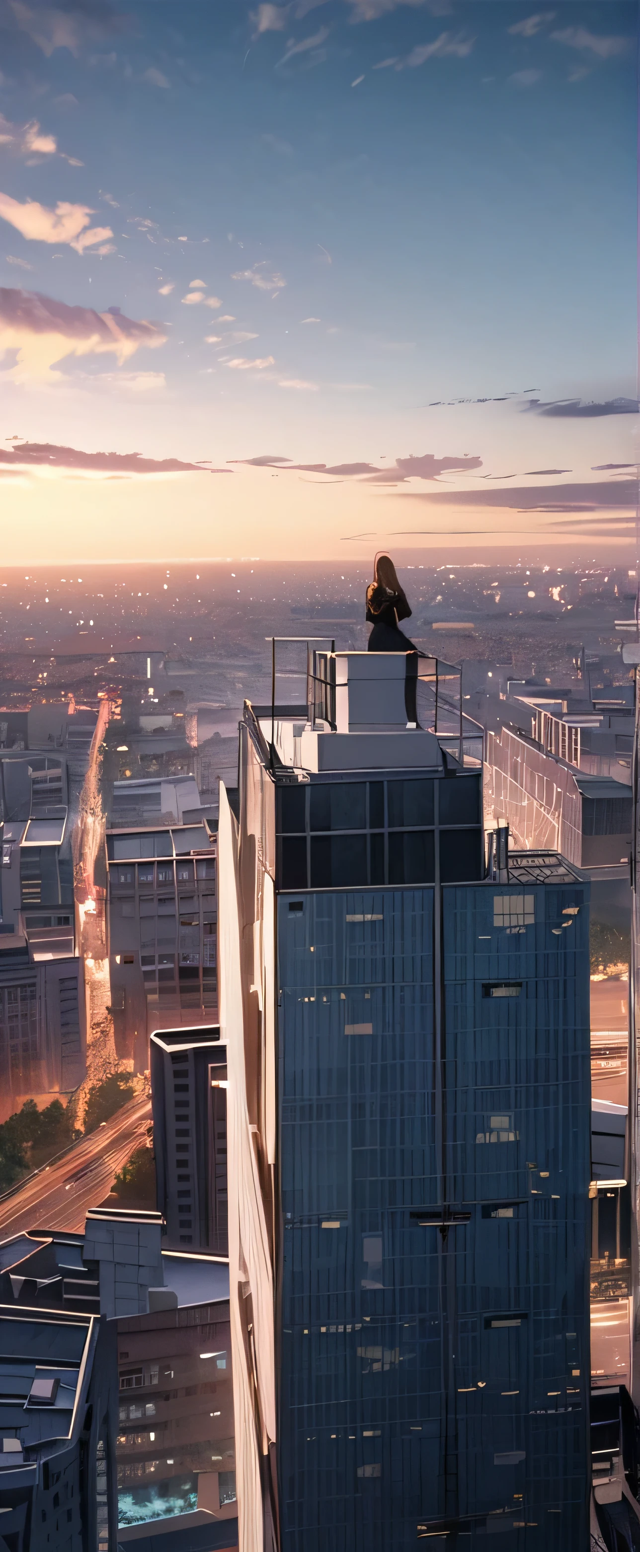 ((Masterpiece, top quality, high resolution)), ((highly detailed CG unified 8K wallpaper)), Back view of woman standing on top of skyscraper, Special forces waiting for the signal to go in, standing on top of sky scraper, standing on rooftop, standing on rooftop, looking down on modern city, walking on top of small city, sitting on top of skyscraper, Mirror's Edge in Russia, rooftops of cities,