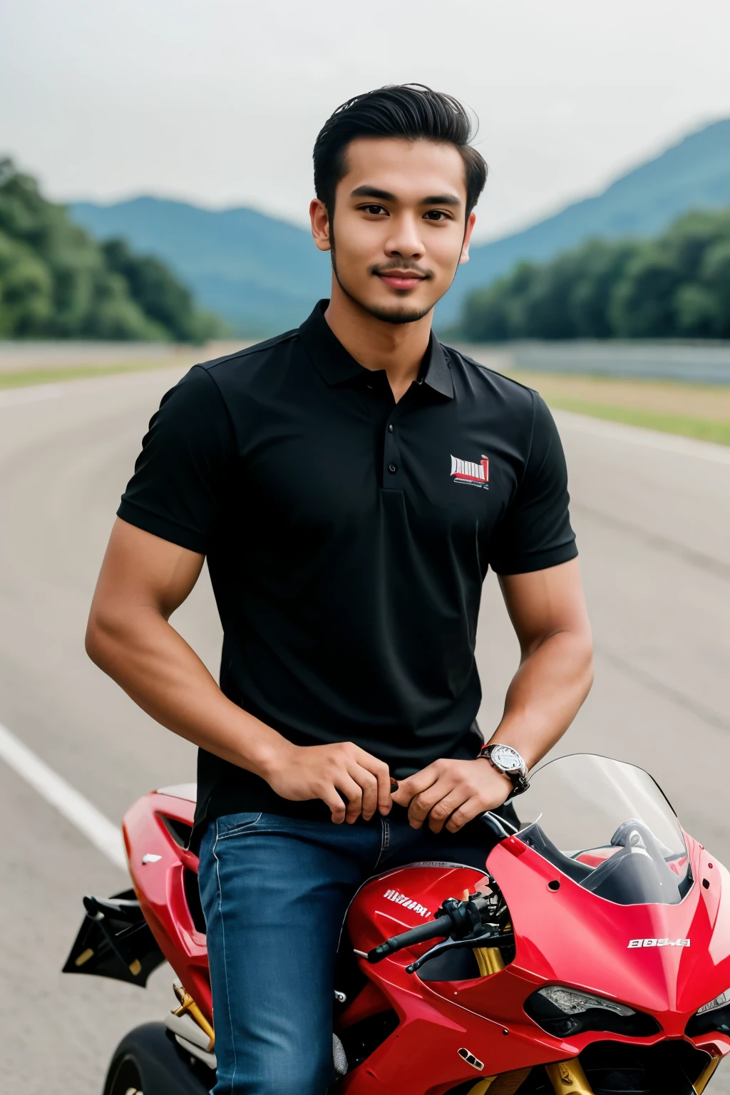 a picture of Handsome MELAYU Malaysia Men , Pose riding on SuperBike DUCATI, Have Little Bit Beard on face, wear Black plain polo shirt, gentleman Style Pose
((best quality)), ((masterpiece)), (detailed), perfect face,