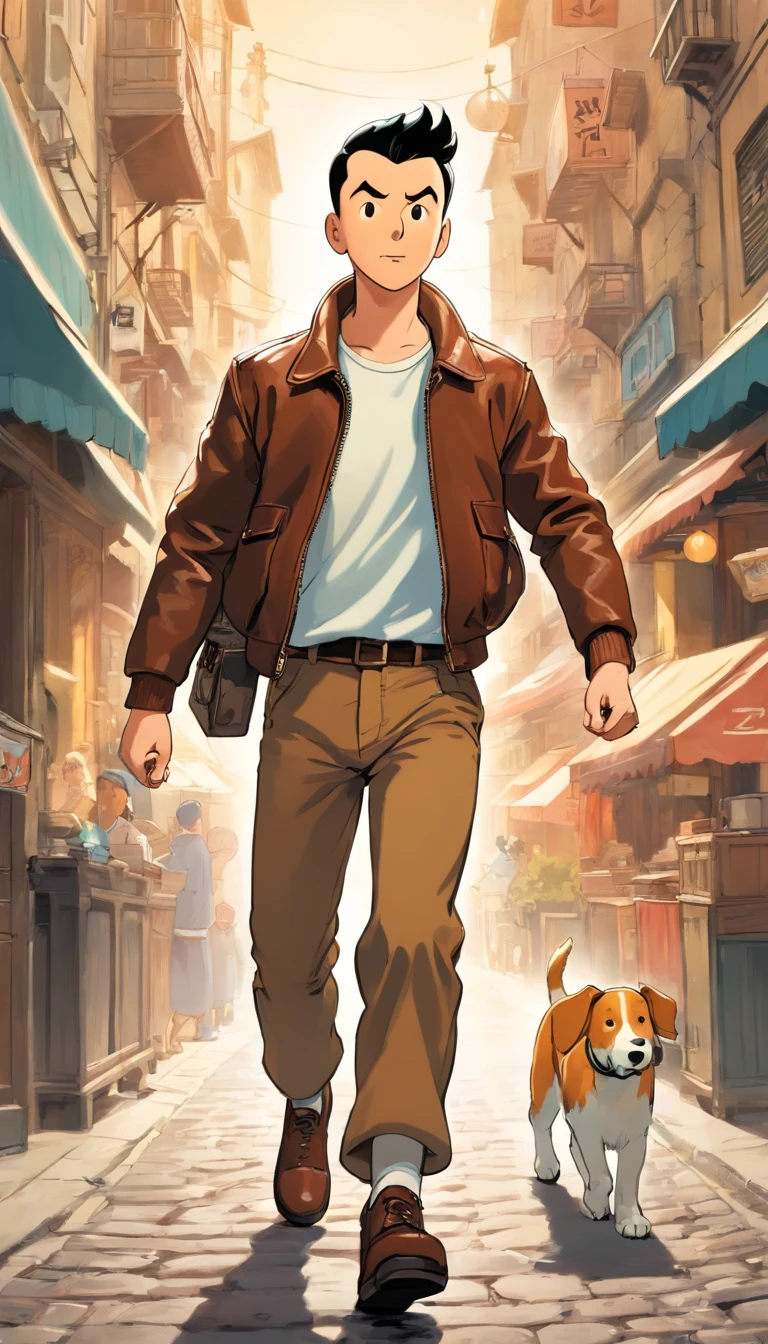 Tintin, male wearing dark brown leather jacket, white shirt and brown cargo pants, slick and neat short black hair, herge, european comics, running fast forward camera from big bomb explotion, action movie poster background 