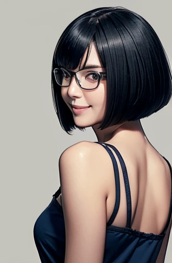 (masterpiece), (8k, best quality, high resolution), (ultra-detailed, realistic), (anatomically correct),
((Portrait)), (Standing), (((looking back))), (No background),
(1woman), (looking at viewer), (show your back),
(A Japanese woman, 30 years old and 155cm tall.),
((Wear a navy blue tunic camisole)), ((A camisole without decoration.)),
(black hair), (straight hair), (short hair style), ((bob cut)),
(wear glasses), (black square cell glasses),
((smile broadly)),
(Her impression is pure, clean and kind.),