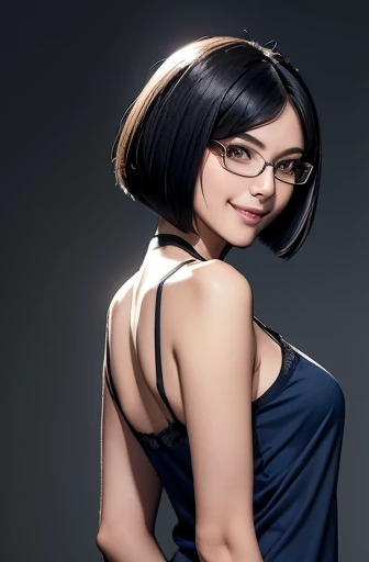 (masterpiece), (8k, best quality, high resolution), (ultra-detailed, realistic), (anatomically correct),  
((full body image)), (sitting on a stool), (No background), 
(1woman),  (looking at viewer), 
(A Japanese woman, 30 years old and 155cm tall), 
(black hair), (straight hair), (short hair style), (bob cut), (hair behind ears), 
(wear glasses), ((black cell frame glasses)), 
((Wear a navy blue spaghetti strap dress)), (Mini length dress with simple design), 
(Create a detailed image of the eye), 
(Her impression is pure, clean and kind.), 
((A captivating smile, just showing a few teeth.)), 　 
