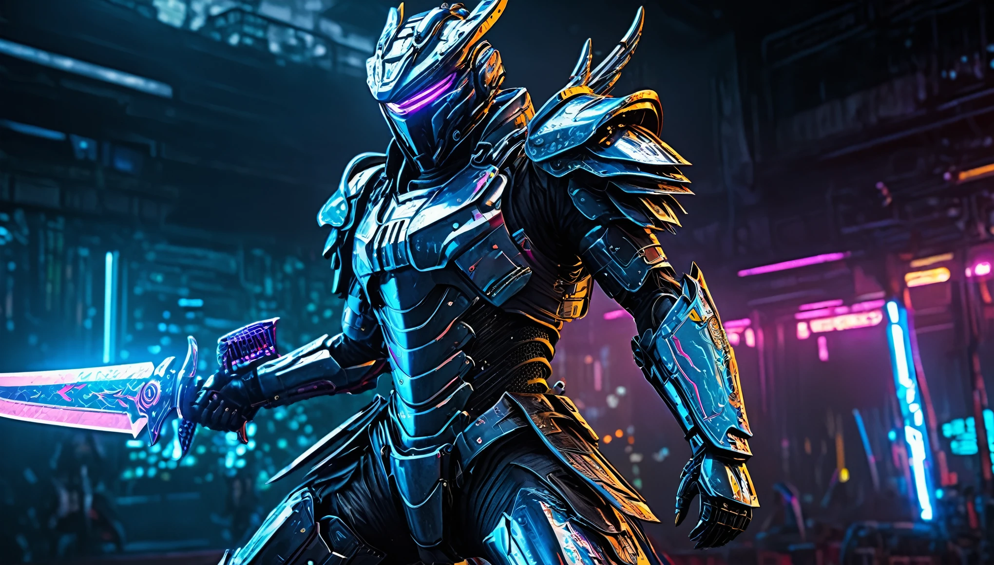 A samurai warrior in liquid metal armor with dragon designs, wielding a neon lit blade, in a cyberpunk arena, full body, (best quality,4k,8k,highres,masterpiece:1.2),ultra-detailed,(realistic,photorealistic,photo-realistic:1.37),HDR,UHD,studio lighting,ultra-fine painting,sharp focus,physically-based rendering,extreme detail description,professional,vivid colors,bokeh,cyberpunk,science fiction,mecha
