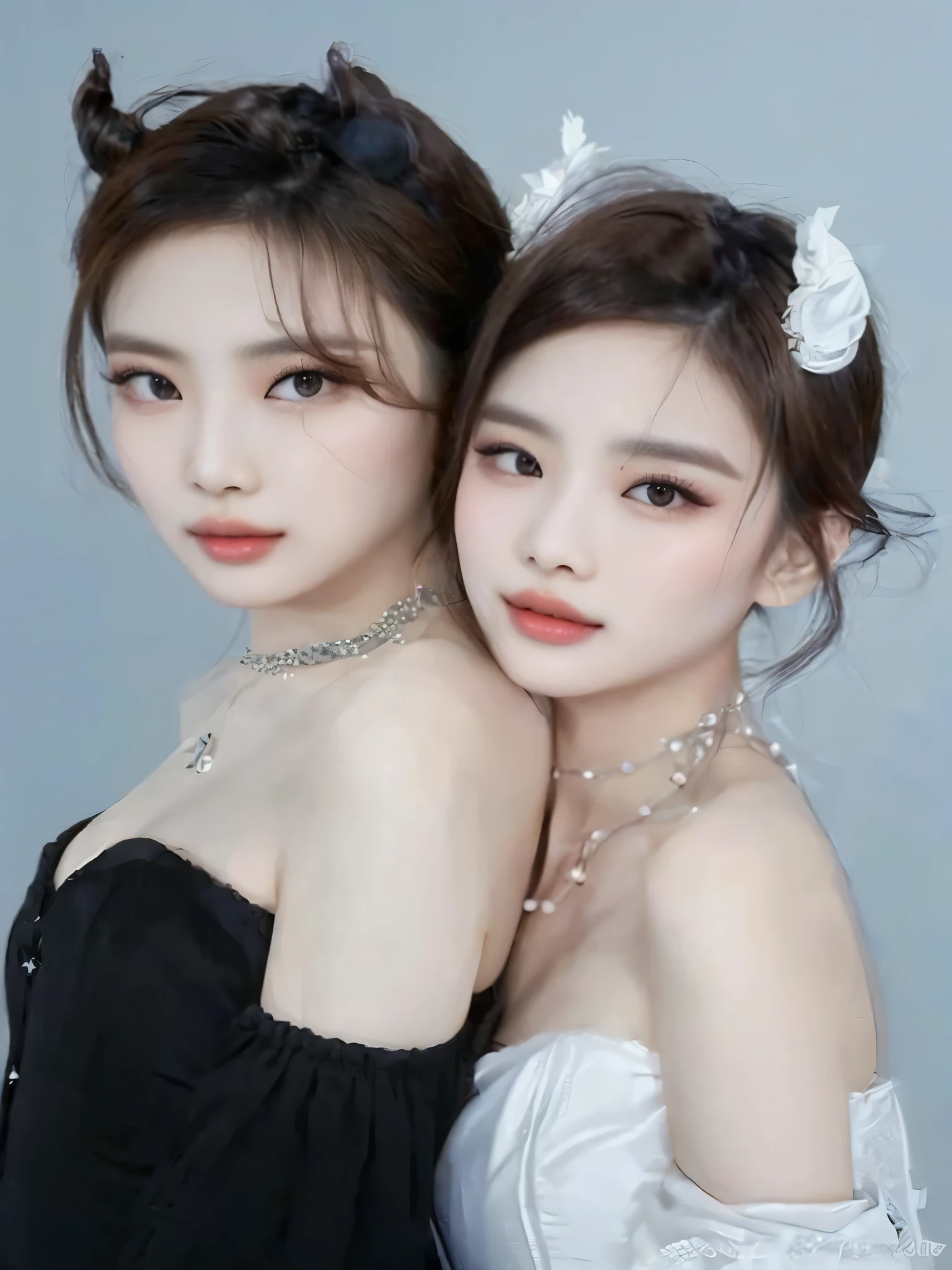Two Asian women dressed in black posing for a photo., Maquillaje coreano popular, maquillaje popular de corea del sur, ulzzang, sakimichan, hermosos gemelos geminis portrait, hermosos gemelos geminis, con negro, con un gemelo, nixeu y sakimichan, korean symmetrical face, yanjun chengt, piel blanca lechosa, rasgos de la cara coreana, two girls
