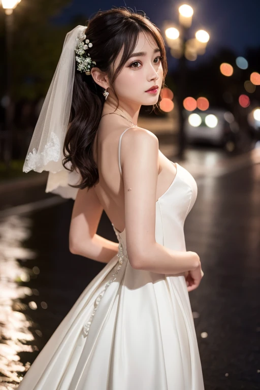 ((Azirine))、Random posture、(Very delicate and beautiful work)、(masterpiece)、One Girl、(Princess line wedding dress:1.4)、land、Very detailed、Distorted ponytail、Charm expression、Beautiful and clear eyes、Green Eyes、Delicate necklace、Delicate earrings、Simple blur background、Very detailedな説明、Beautiful poop、Charm、Ultra-fine painting、Delicate face、Delicate appearance、Thin clavicle、Beautiful Lips、Soft back view、Mix 4、(8k、RAW Photos、highest quality、masterpiece:1.2), (Realistic, Realistic:1.37),One Girl,cute,Cityscape, night, rain, Wet, Professional Lighting, Photon Mapping, Radio City, Physically Based Rendering, Above the waist、Nogizaka Idol、Korean Idol、Carving an idol pose、Large breasts