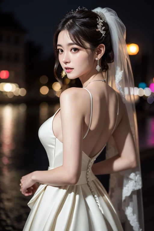 ((Azirine))、Random posture、(Very delicate and beautiful work)、(masterpiece)、One Girl、(Princess line wedding dress:1.4)、land、Very detailed、Distorted ponytail、Charm expression、Beautiful and clear eyes、Green Eyes、Delicate necklace、Delicate earrings、Simple blur background、Very detailedな説明、Beautiful poop、Charm、Ultra-fine painting、Delicate face、Delicate appearance、Thin clavicle、Beautiful Lips、Soft back view、Mix 4、(8k、RAW Photos、highest quality、masterpiece:1.2), (Realistic, Realistic:1.37),One Girl,cute,Cityscape, night, rain, Wet, Professional Lighting, Photon Mapping, Radio City, Physically Based Rendering, Above the waist、Nogizaka Idol、Korean Idol、Carving an idol pose、Large breasts