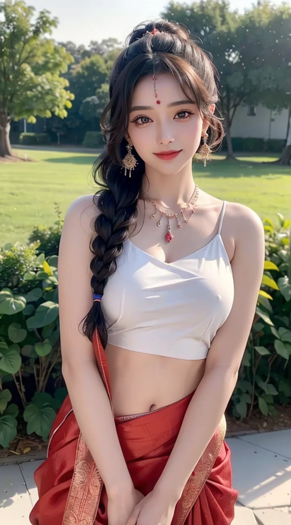 Close up, 24 year old indian woman, Bridal Red silky satin saree, White skin, long dense braided hair, Corn forming Fields landscapes background, ultra realistic, realism, cute, charming, day time, tattooed body, medium height, big eyes, pure Indian style saree, ambient lighting, perfect anatomy, detailed body and face, 8K, Masterpiece, RAW photo, Best quality, Photorealistic, Extremely detailed CG Unity 8K wallpaper, Noval Showing, very hot look eyes, Beautiful Smile