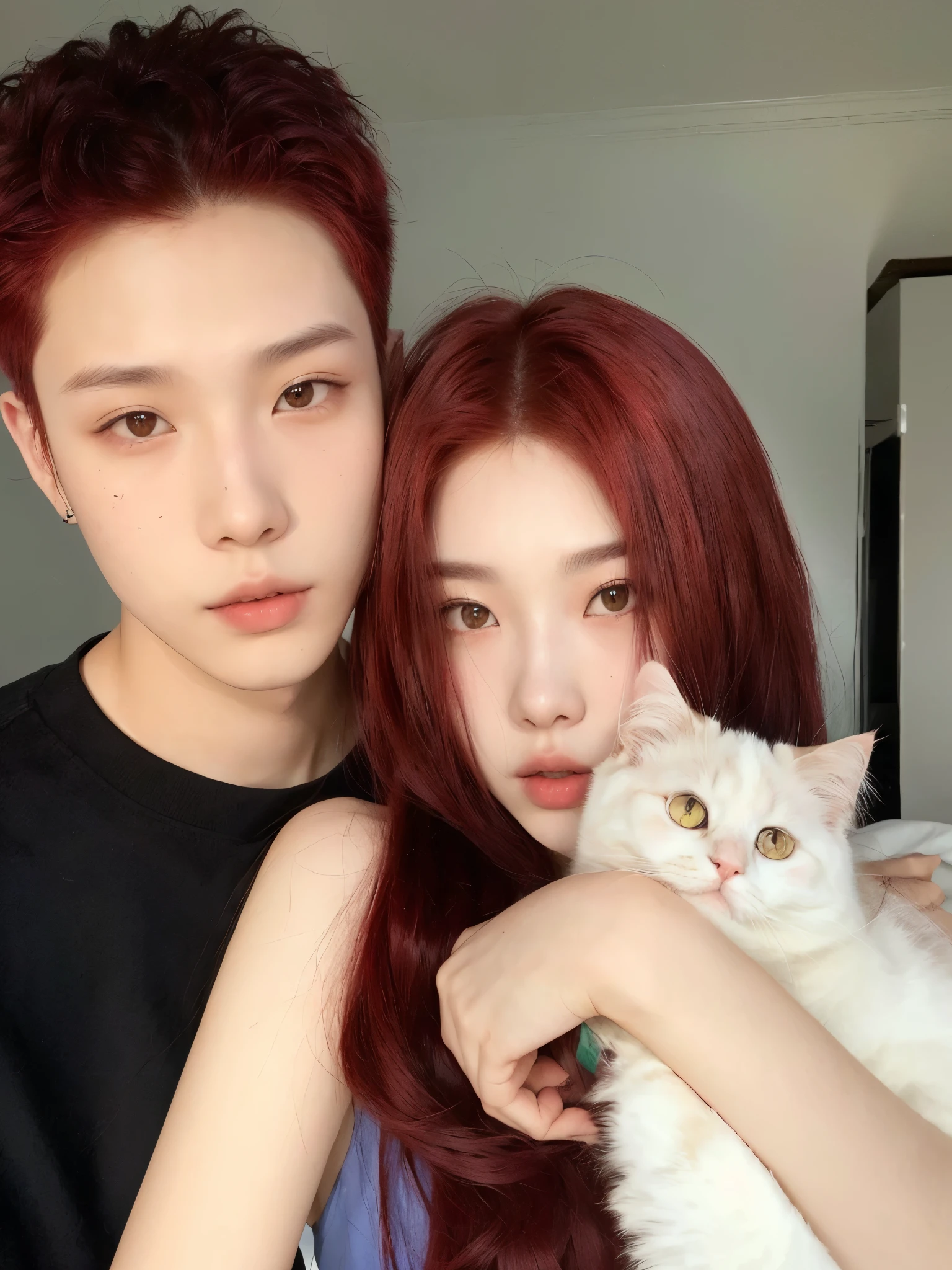 Hay dos personas que posan para una foto con un gato., cai xukun, ulzzang, Con cabello rojo, kda y sam que, con hiedra, nixeu y sakimichan, kim doyoung, gato - como ojos escarlata, ruan jia and brom, kim taejin, crimson red hair and red eyes, Dyed Red Hair