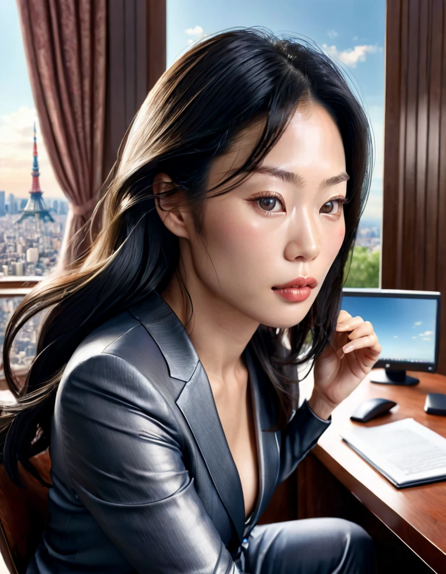(Best quality, 4k, 8k, high resolution, masterpiece : 1.2), ultra-detailed, (Realistic, hyperRealistic:1.5, photorealistic:1.5), (((bureau moderne dans un gratte-ciel d'une grande ville futuriste, femme d'affaires japonaise assise devant son bureau, femme japonaise:1.8, Lucy Liu:1.9))), femme 35 ans, beautiful detailed eyes, gorgeous detailed lips, Beautiful detailed face, extremely detailed eyes, Extremely detailed face, longs cils, longues jambes, corps sublime, assise sur une fauteuil moderne de bureau luxueux, High quality, masterpiece, beaux habits complexes, slender body, poitrine push-up, belle silhouette, femme sublime:1.2, intelligent and serious woman:1.7, ((textures de peau naturelles, hyperRealistic)), Soft light, intense and penetrating gaze:1.2, pose seriesuse, very long hair