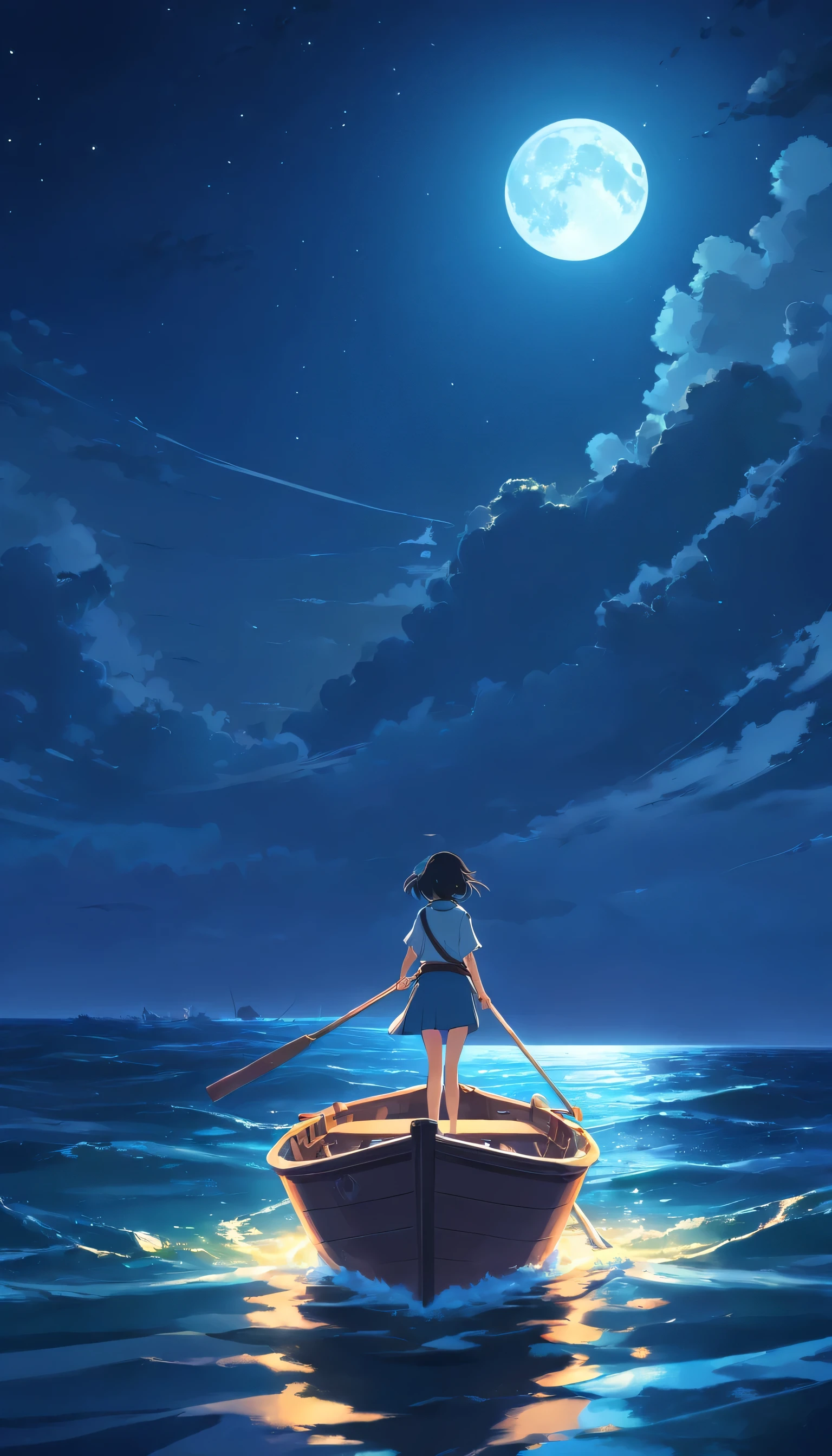 In the dark night,Vast ocean,Alone in the boat,Backwards、Eyes staring at the bright moon。Rowing the oars、Rough seas、