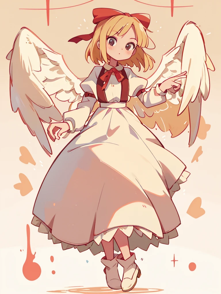 masterpiece, best quality, 1girl, solo, 10 years old, medium blonde hair, forehead visible bangs, hair flaps, ribbon on head, well-formed face, blonde eyes, angel girl, standing collar, nehru collar, white blouse, long sleeves, red ribbon, angel wings, red thick suspenders, long white skirt, long maxi-skirt, very long skirt, wide shot, full body shot, simple background