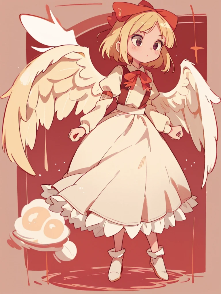 masterpiece, best quality, 1girl, solo, 10 years old, medium blonde hair, forehead visible bangs, hair flaps, ribbon on head, well-formed face, blonde eyes, angel girl, standing collar, nehru collar, white blouse, long sleeves, red ribbon, angel wings, red thick suspenders, long white skirt, long maxi-skirt, very long skirt, wide shot, full body shot, simple background