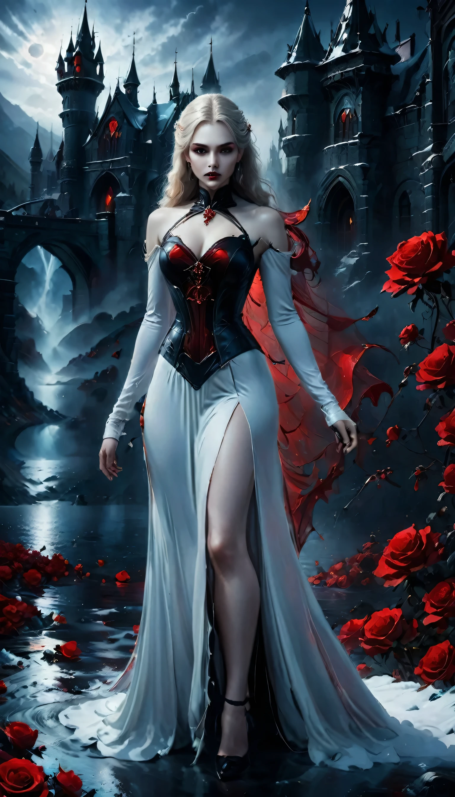 Dark fantasy art, fantasy art, goth art, a picture of a female vampire, exquisite beauty, full body shot, dark glamour shot, pale white skin, dark blond hair, long hair, wavy hair, (icy grey: 1.3) eyes, she wears a (red: 1.3) dress, ArmoredDress, entwined with (black: 1.3) roses betmd, high heells, dark castle