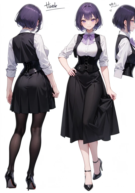 Purple hair,short hair,Adult female,Bartender,((Rolling up your sleeves shirt)),((black vest)),(Corset),(skirt),High heels,((Simple white background)),Smile,((Full body)),((whole body)),Character Sheet,
