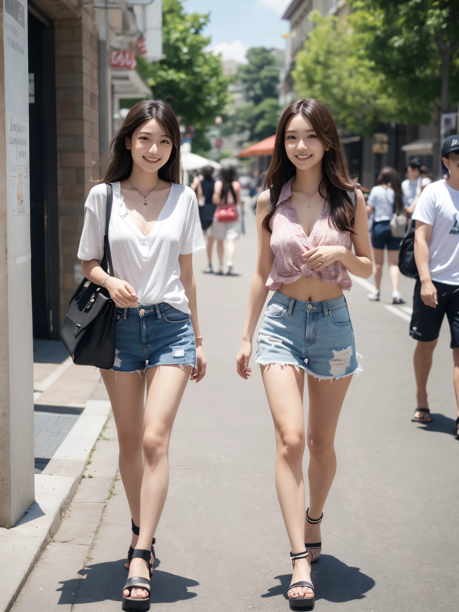 Female college student、camisole、Open chest、ccup、Shorts、すらっと伸びたthin脚、Platform Sandals、Wavy long hair、Brown moderate hair、clear、thin、slim、Long legs、thinウエスト、Beauty、looking at the camera、Walking around the city、Cute Smile、Summer sunshine、Emphasize the chest