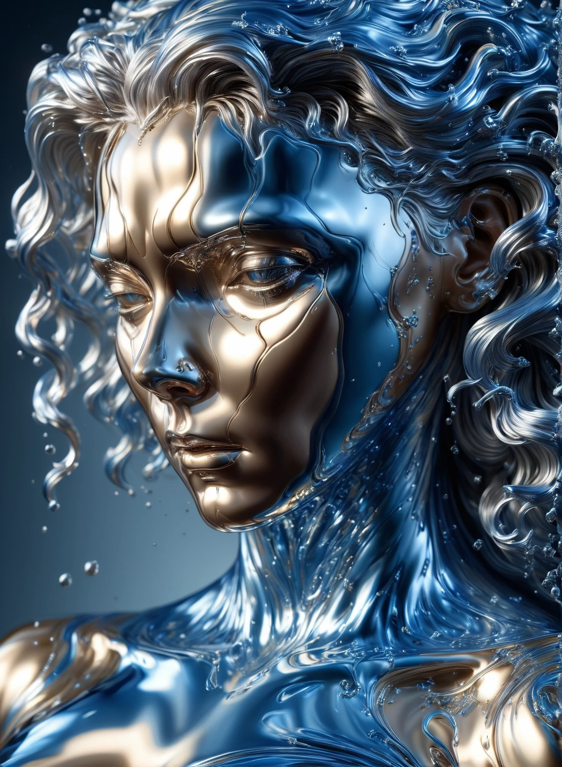 A slender female avatar seems to spring from a wave of water sculpted from a high-tech alloy.