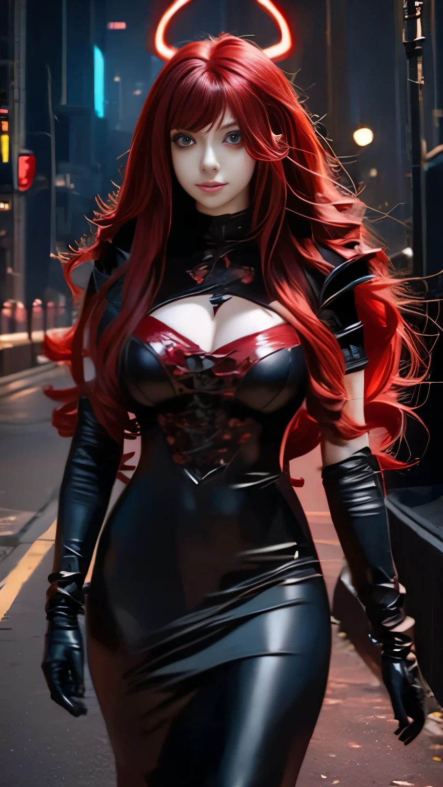 a woman with long red hair walking in the dark, cyberpunk art inspired by Jin Homura, trending on pixiv, gothic art, zero two, red glowing hair, anime girl with long hair, long fire hair, with long red hair, with red glowing eyes, glowing red, gothic maiden anime girl, beautiful anime artwork, demon anime girl, anime cyberpunk art