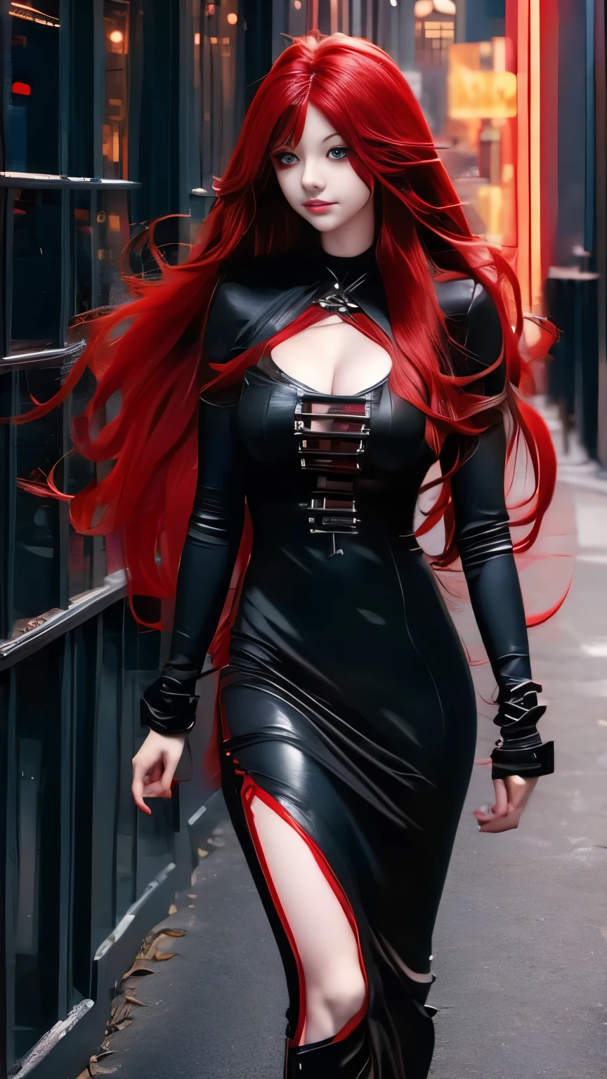 a woman with long red hair walking in the dark, cyberpunk art inspired by Jin Homura, trending on pixiv, gothic art, zero two, red glowing hair, anime girl with long hair, long fire hair, with long red hair, with red glowing eyes, glowing red, gothic maiden anime girl, beautiful anime artwork, demon anime girl, anime cyberpunk art