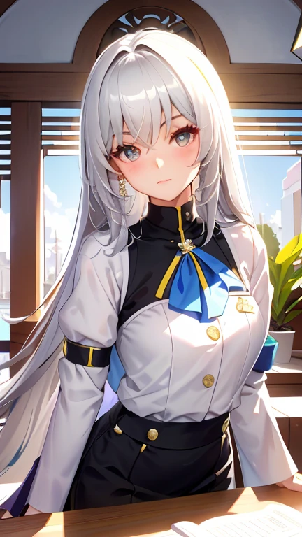 bronya, 1 chica, solo, ((Camisa blanca)), black muslos, senos, escote, uniform, Oficina background, falda negra, Falda plisada, Oficina, pelo entre los ojos, Pendiente morado, large senos, pelo largo, mirando al espectador, short silver nails, ojos grises, solo, muslos, muslos, very pelo largo, ((obra maestra)), session, silla, escritorio, computer on escritorio, etiqueta de nombre, id tag, interior, Rubor, pose sexy, hands behind,