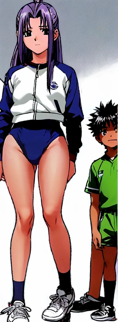 Momoko Koigakubo, a tall girl with beautiful legs, is standing with her legs spread to the sides in a white gym uniform and light navy blue bloomers that look like panties.。Next to Momoko Koigakubo, a fifth-grade boy with a shaved head and wearing a tracksuit is smiling and grabbing her thigh.。