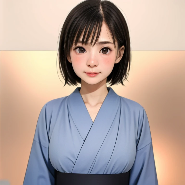 (kawaii 24 year-old Japanese girl, Nogizaka idol, Korean idol), glossy brown hair, (very short hair:1.2), beautiful black eyes, rounded face, narrow shoulders, single eyelid, (no makeup:1.2), (embarrassed, noseblush:1.3), (yukata, Japanese traditional clothes), extra small breasts, BREAK, (simple white background:1.2), (view from forward, bust shot, id photo:1.2), BREAK, (masterpiece, best quality, photo realistic, official art:1.4), (UHD, 8K quality wallpaper, high resolution, raw photo, golden ratio:1.3), (shiny skin), professional lighting, physically based rendering, award winning, (highly detailed skin texture, extremely detailed face and eyes textures), Carl Zeiss 85 mm F/1.4, depth of field, (1girl, solo),