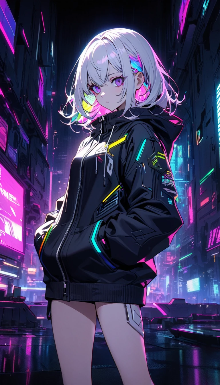 Handsome, solitary, 1 female, Medium Length Hair, white hair, Rainbow hair, Purple Eyes, Black and white hood, Futuristic, Cyberpunk, Cybernetics,Bare Legs