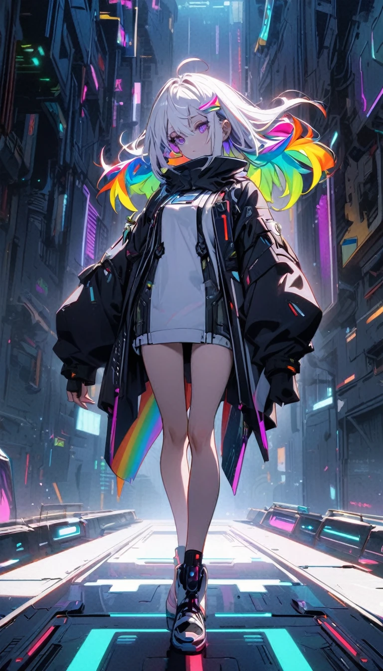 Handsome, solitary, 1 female, Medium Length Hair, white hair, Rainbow hair, Purple Eyes, Black and white hood, Futuristic, Cyberpunk, Cybernetics,Bare Legs