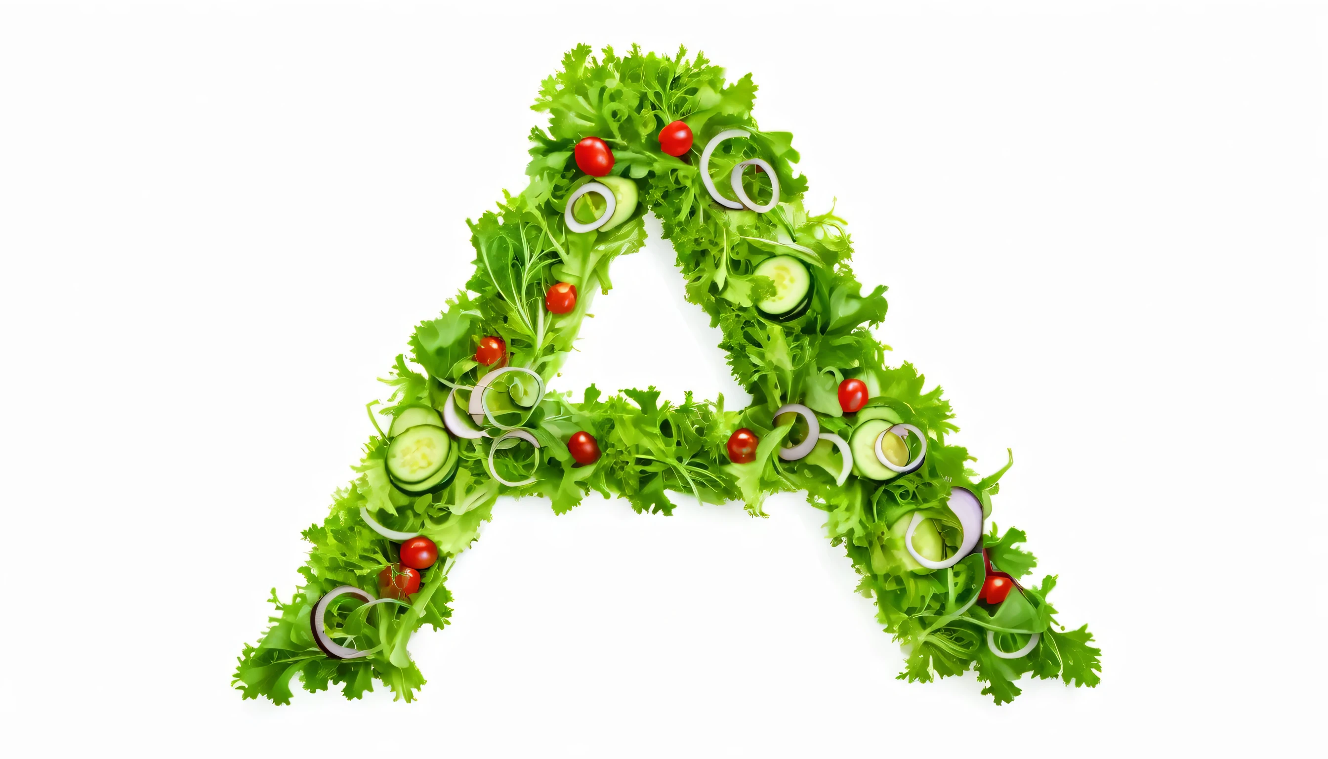 Character ' A ' made of salad, sharp outline, photography, isolated white background .