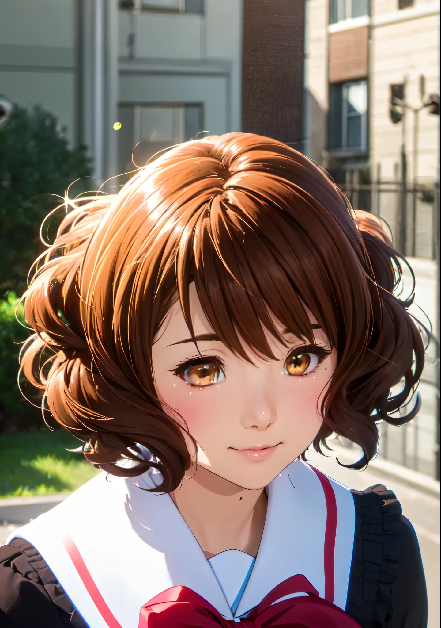 Kumiko Oumae, Kumiko Oumae, (Brown eyes:1.5), Brown Hair, short hair, Wavy Hair, Hot face, blush, Sailor suit, , high school girl, Red ribbon, ((face down)), smile, very cute and beautiful girl,Teen,(Very detailedな美しい顔),
(highest quality,masterpiece),Absurd,High resolution,Super detailed,Very detailed,32k,8K resolution,