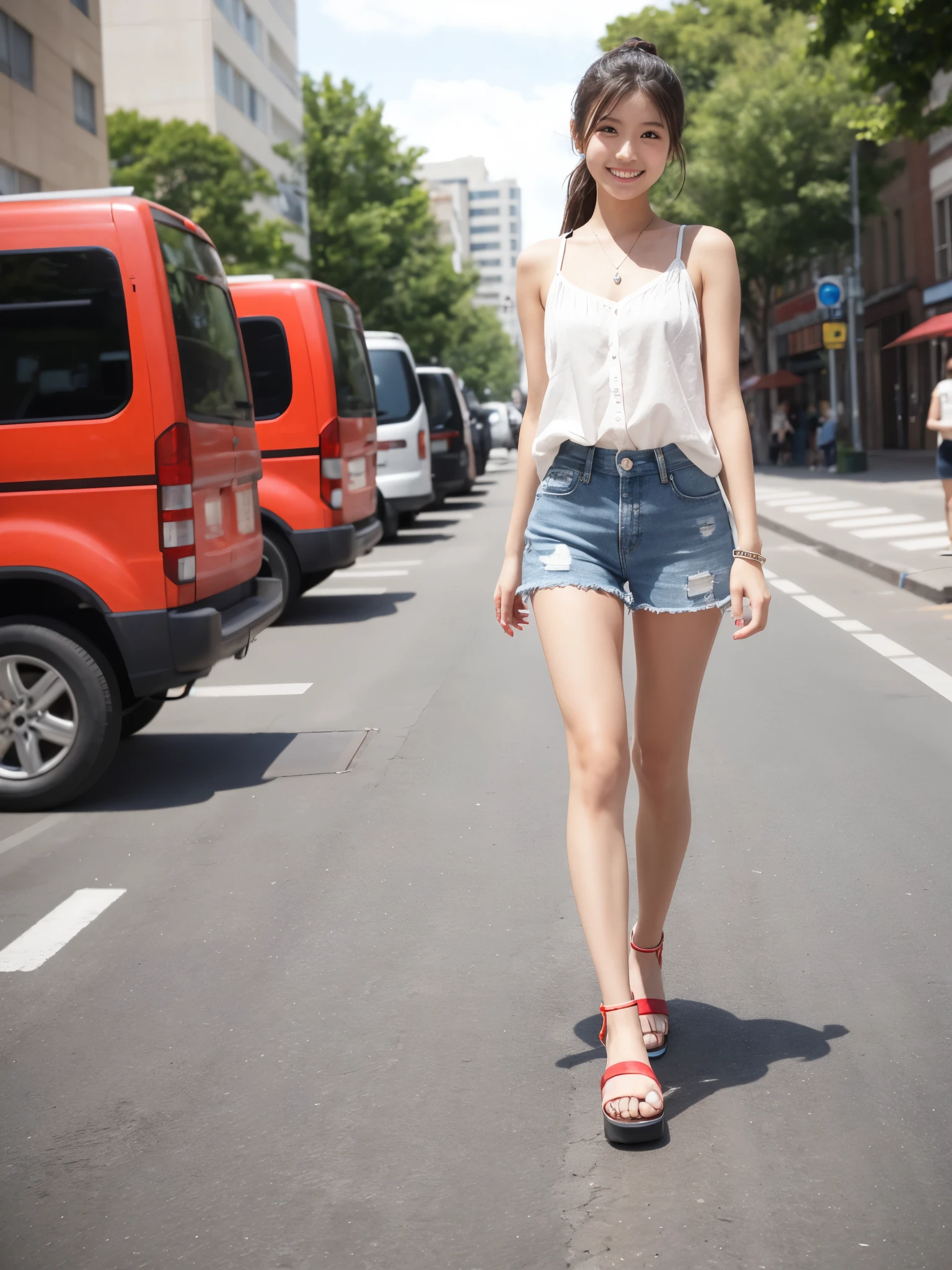 Female college student、No sleeve、Open chest、ccup、Shorts、すらっと伸びたthin脚、Platform Sandals、Ponytail、Brown moderate hair、clear、thin、slim、Long legs、thinウエスト、Beauty、looking at the camera、Walking around the city、Cute Smile、Summer sunshine、Emphasize the chest