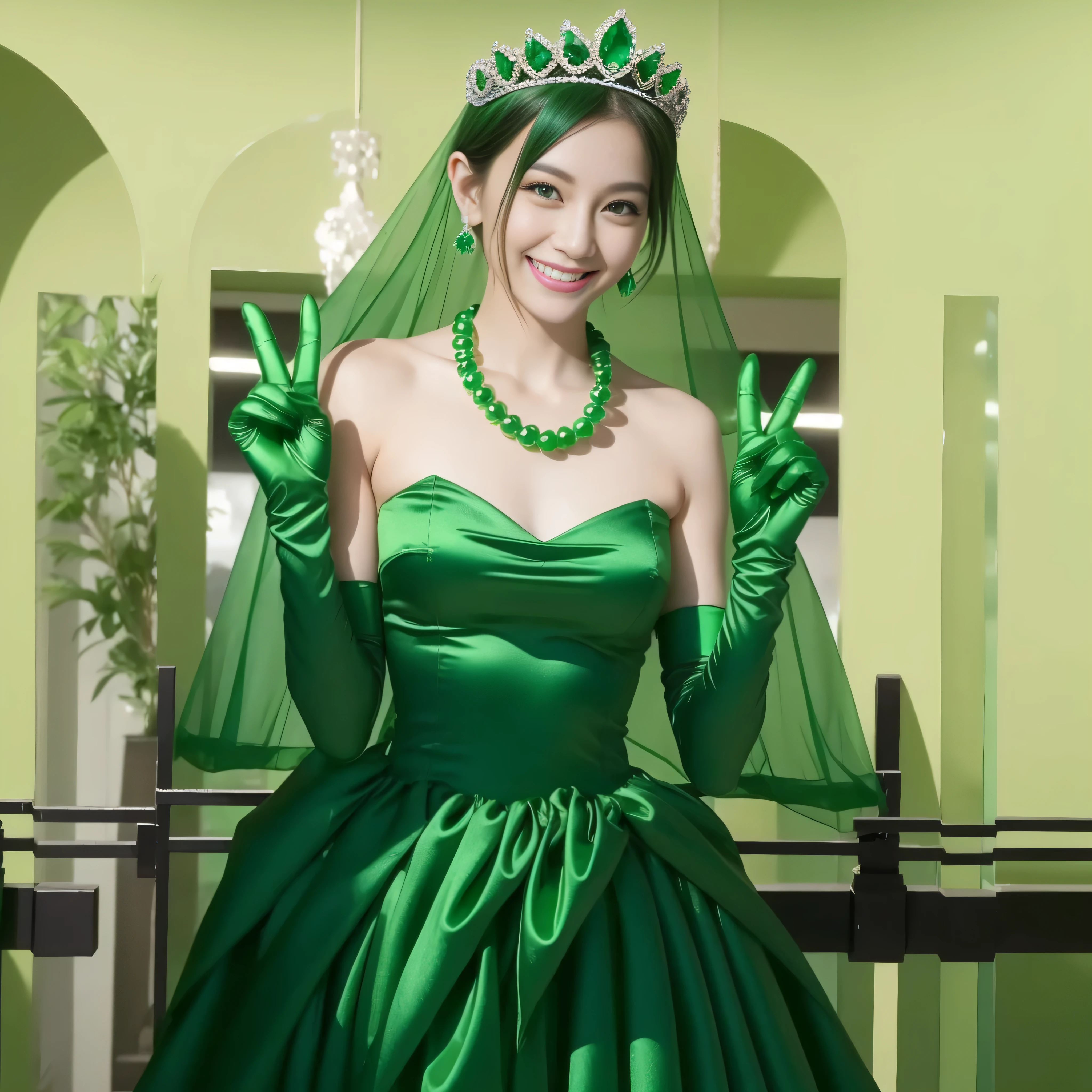 Emerald tiara, Green Pearl Necklace, Boyish very short green hair, lipstick, Smiling Japanese woman, Very short hair, Big and beautiful, Green Eyes, Long green satin gloves, Green Eyes, V sign, Emerald Earrings, Green veil
