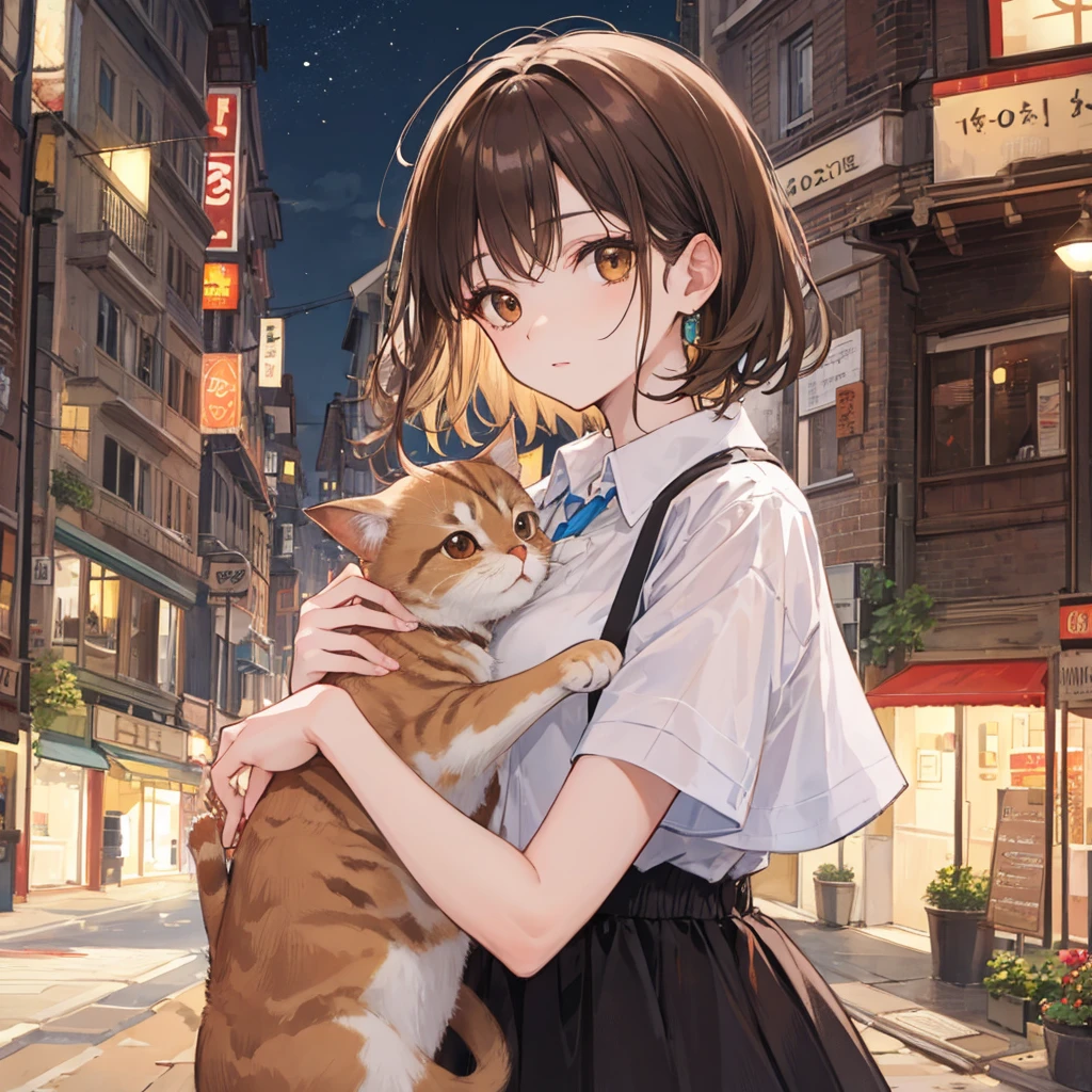 masterpiece, highest quality, 1 Female alnne, Evening City, Detailed face, Fine grain, Beautiful Brown Eyes, View your viewers, Short sleeve,brown hair,holding brown cats