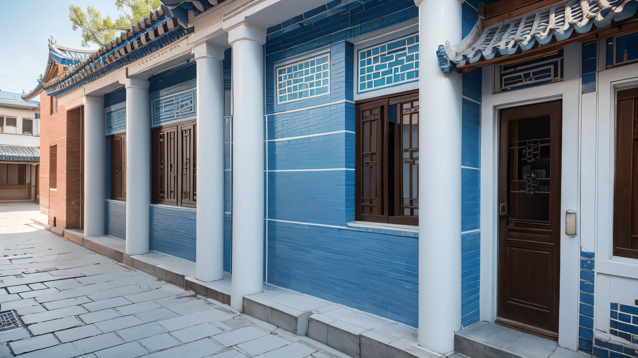 Cultural characteristics,Han Dynasty Architecture,Light blue-white,on the street,Focus on bricks and tiles,Han architecture,Color brick culture。