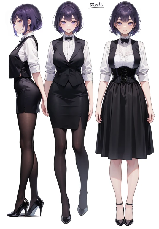 Purple hair,short hair,Adult female,Bartender,((Rolling up your sleeves shirt)),((black vest)),(Corset),(skirt),High heels,((Simple white background)),Smile,((Full body)),((whole body)),Character Sheet,