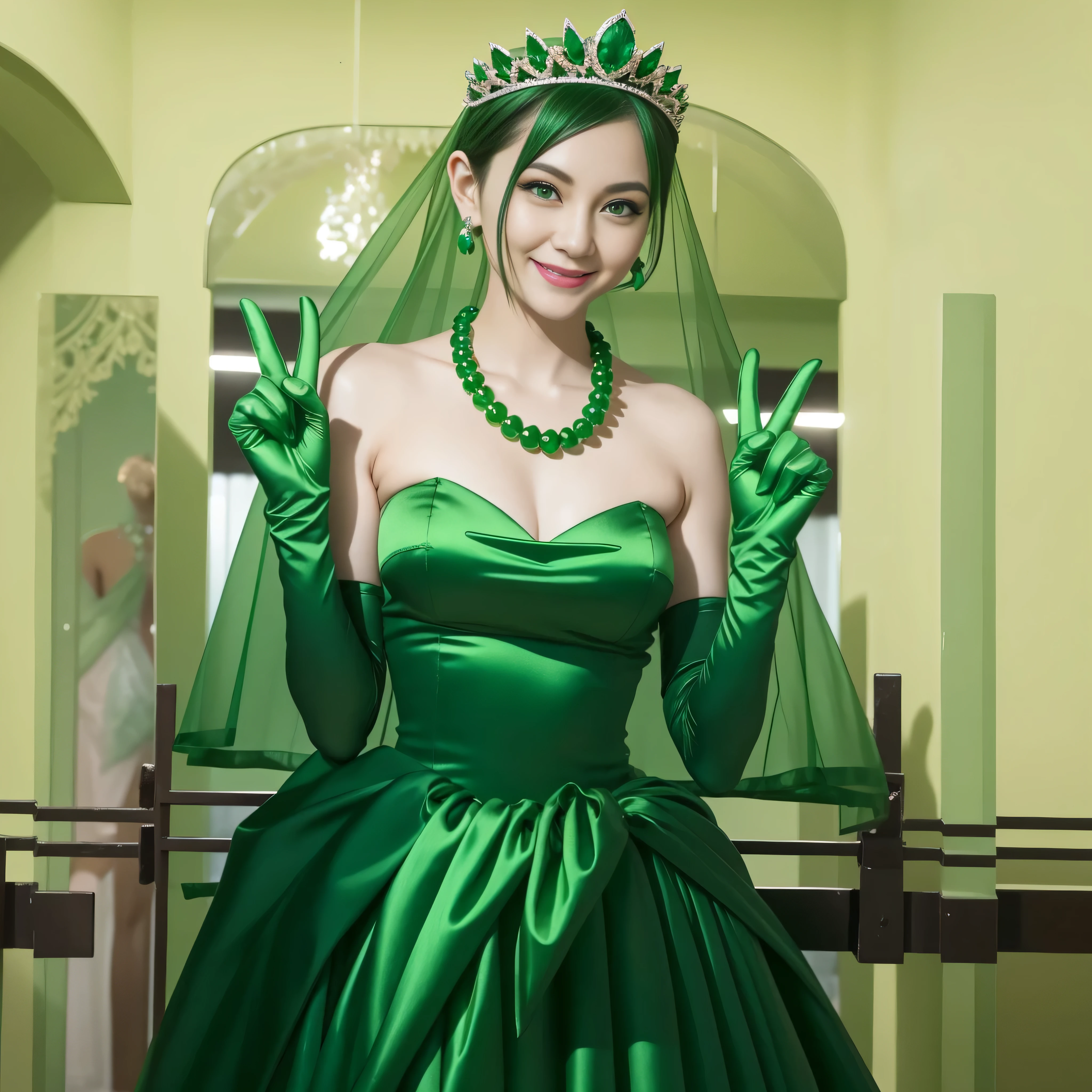 Emerald tiara, Green Pearl Necklace, Boyish very short green hair, lipstick, Smiling Japanese woman, Very short hair, Big and beautiful, Green Eyes, Long green satin gloves, Green Eyes, V sign, Emerald Earrings, Green veil
