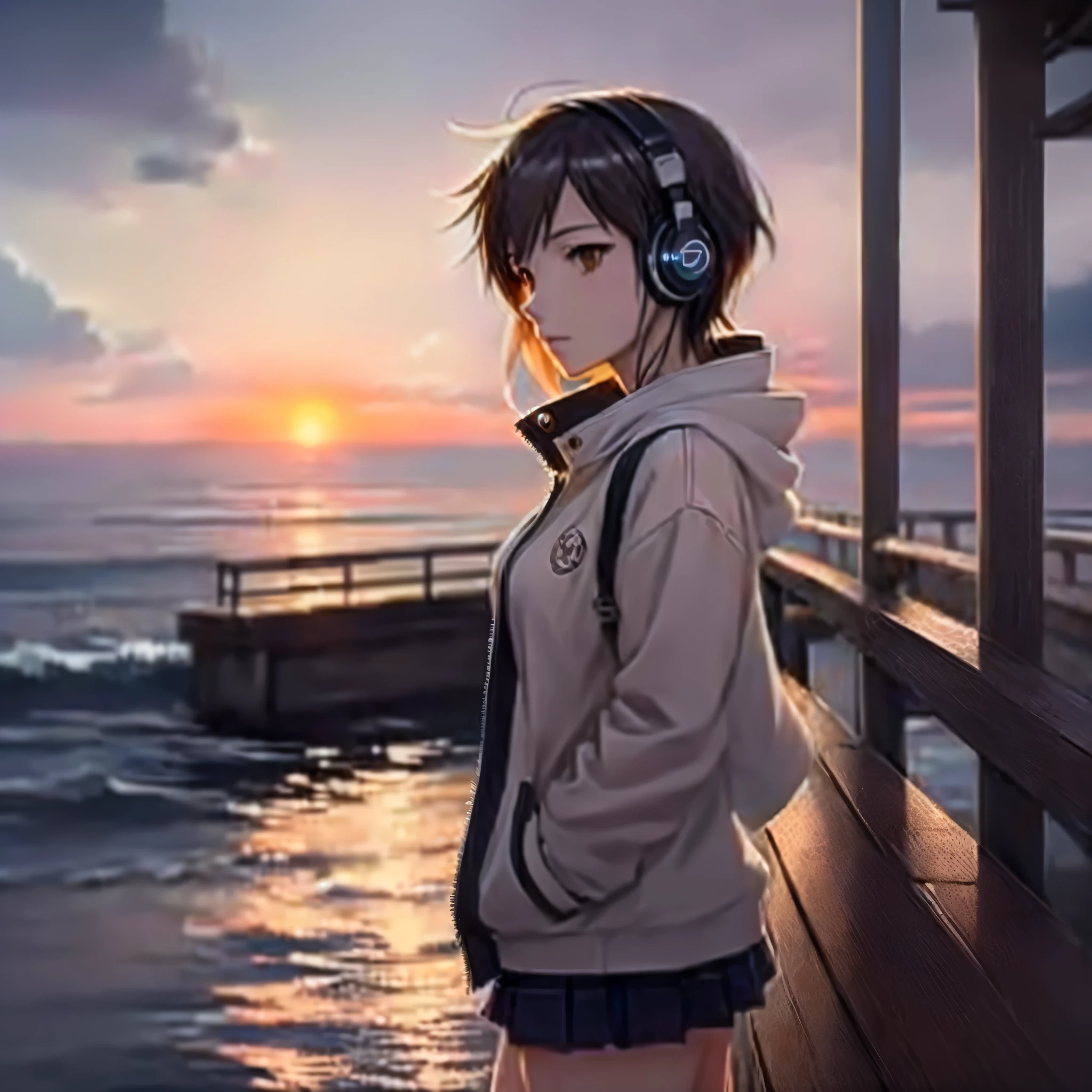 Anime girl listening to music with headphones on a pier at sunset, Anime Atmosphere, Makoto Shinkai style, Makoto Shinkai art style, Makoto Shinkai. —h 2160, studio glibly Makoto Shinkai, Makoto Shinkai!!, in style of Makoto Shinkai, Makoto Shinkai!, style of Makoto Shinkai, Atmospheric anime