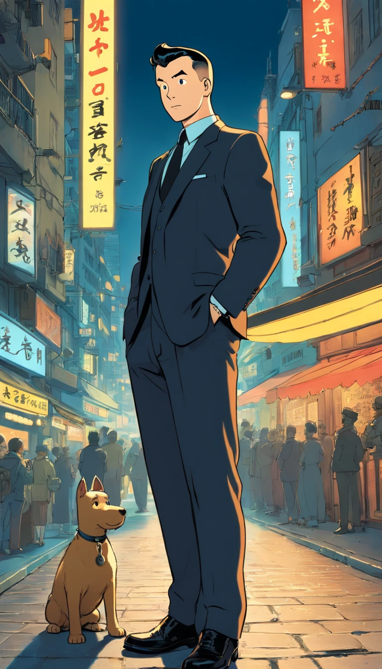 Tintin, male wearing tactical combat black suit, slick and neat short black hair, herge, european comics, heroic pose, night time futuristic cyberpunk city background