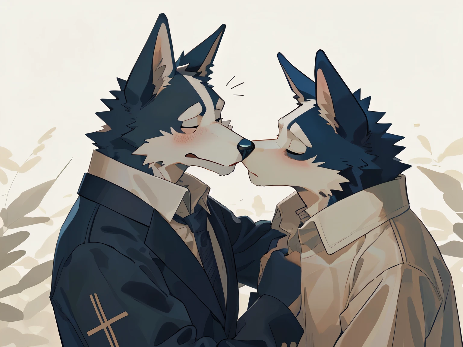 (by RUHU1145, by K0BIT0WANI), (Character focus):1.1, fluffy, male, duo, Border Collie, Shy expression, Father and son, muscular, kissing, eyes closed, open eyes