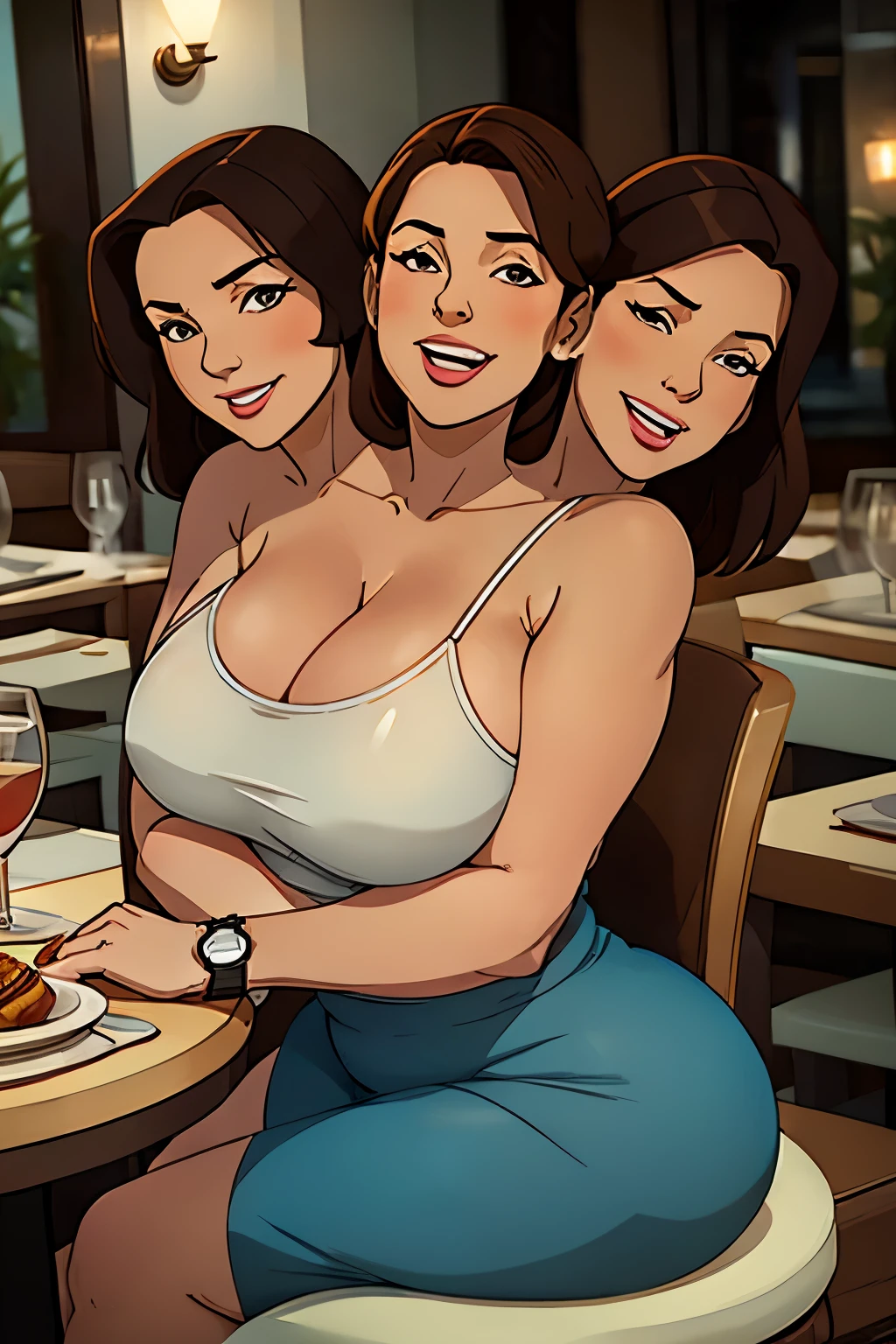 3heads, one body, three headed mom, age 47, laughing, white, pale, straight brown hair, curvy, big butt, thicc, flabby, loving, pretty, wearing a watch, sitting to eat dinner